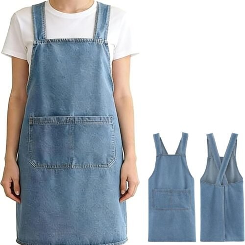 Lightweight Denim-Style Cross-Back Cotton Apron Front Pocket
