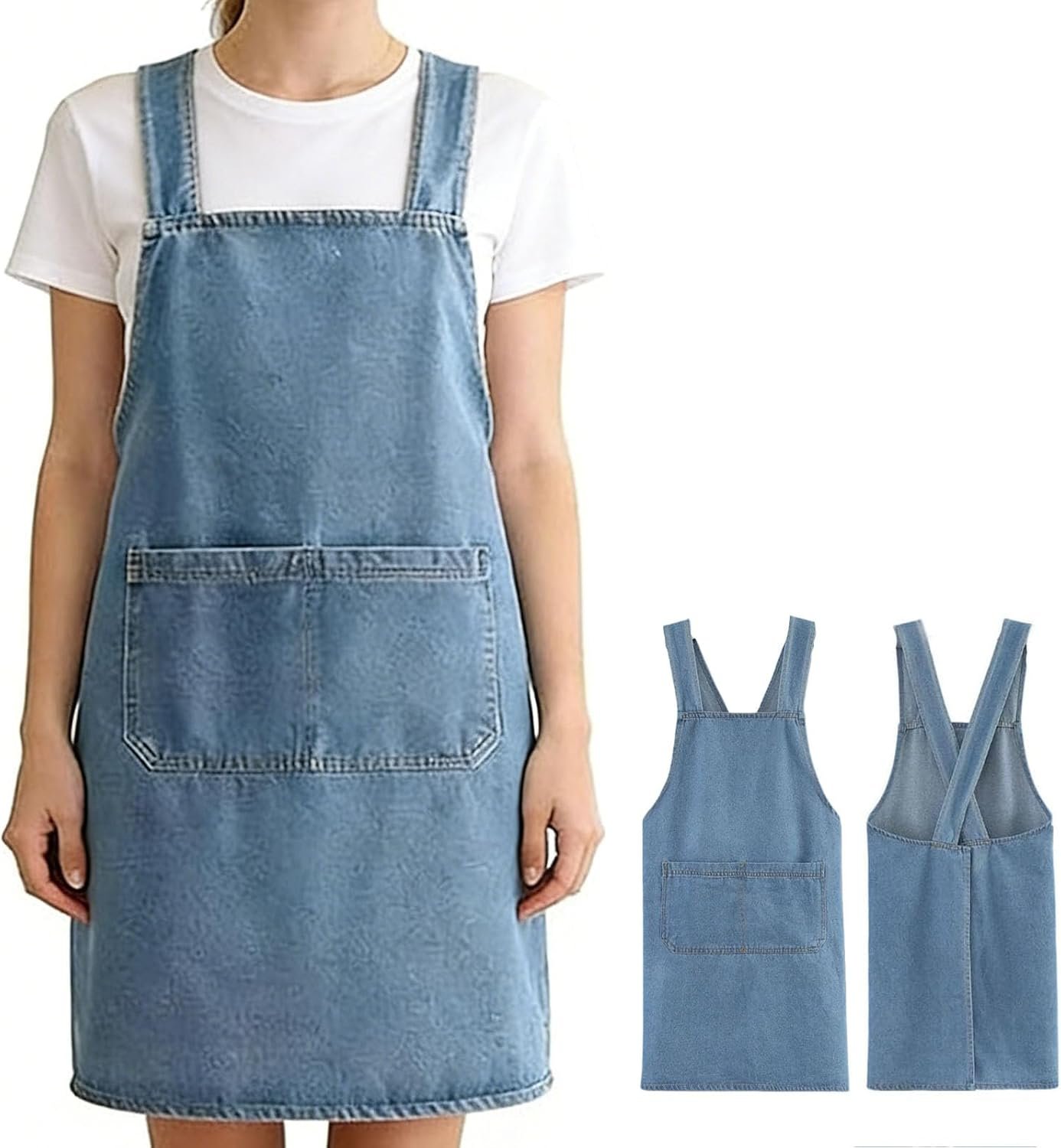 Lightweight Denim-Style Cross-Back Cotton Apron Front Pocket