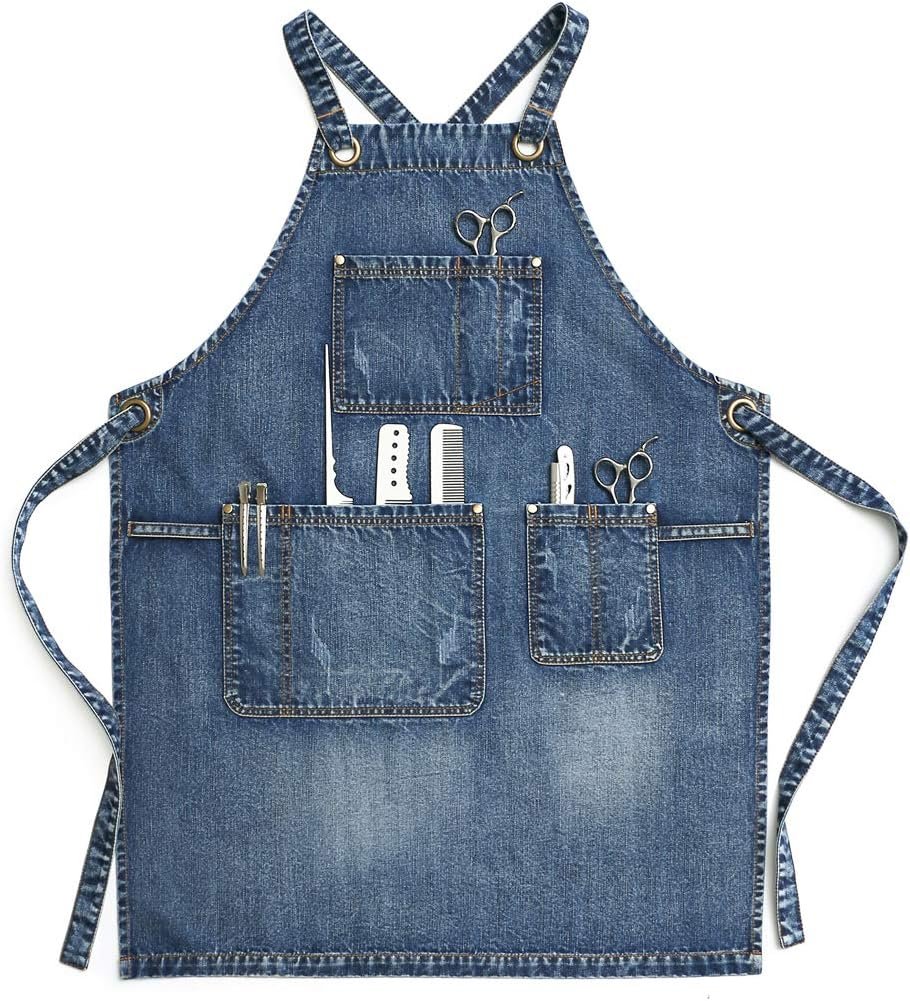 Acid-Washed Denim Hair Stylist Cross-Back Apron