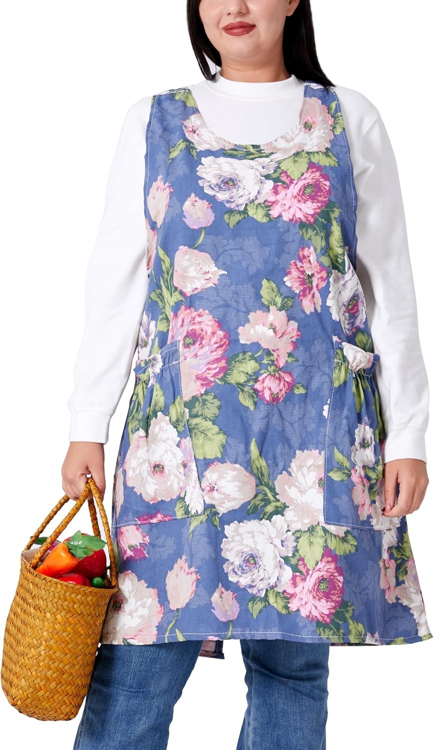 Floral Cotton Linen Cross-Back Apron Plus Size
